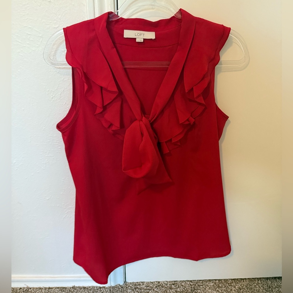 LOFT Red Ruffle Tie-Neck Blouse - Picture 1 of 3